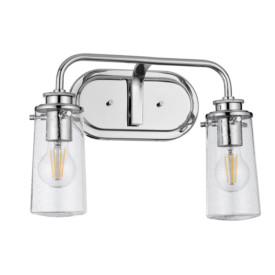 Vue d'ensemble du luminaire avec ses deux ampoules à filament allumées
