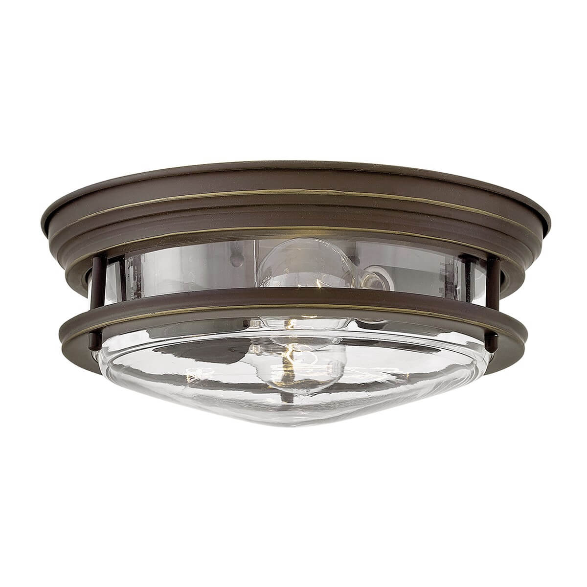Plafonnier rond en métal bronze et verre transparent, vue de face sur fond blanc