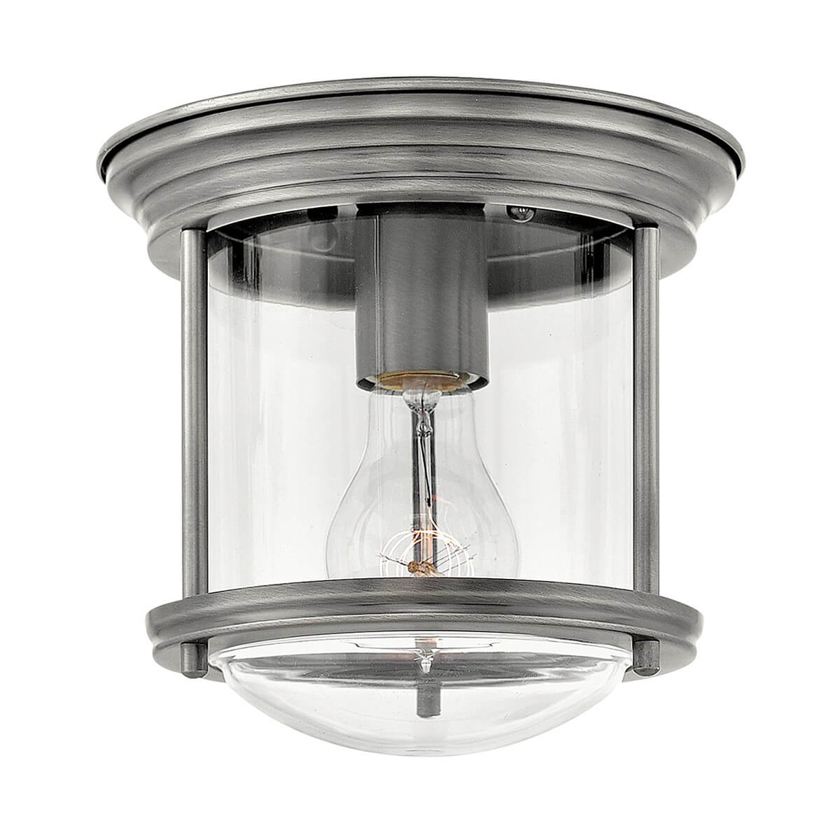 Plafonnier cylindrique en métal nickelé et verre transparent, vue de face sur fond blanc