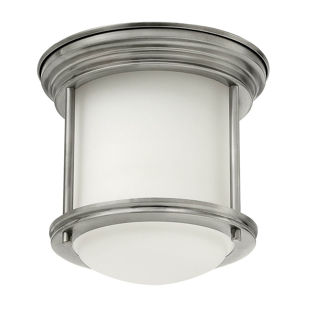Plafonnier cylindrique en nickel brossé et verre opalin blanc, vu de face