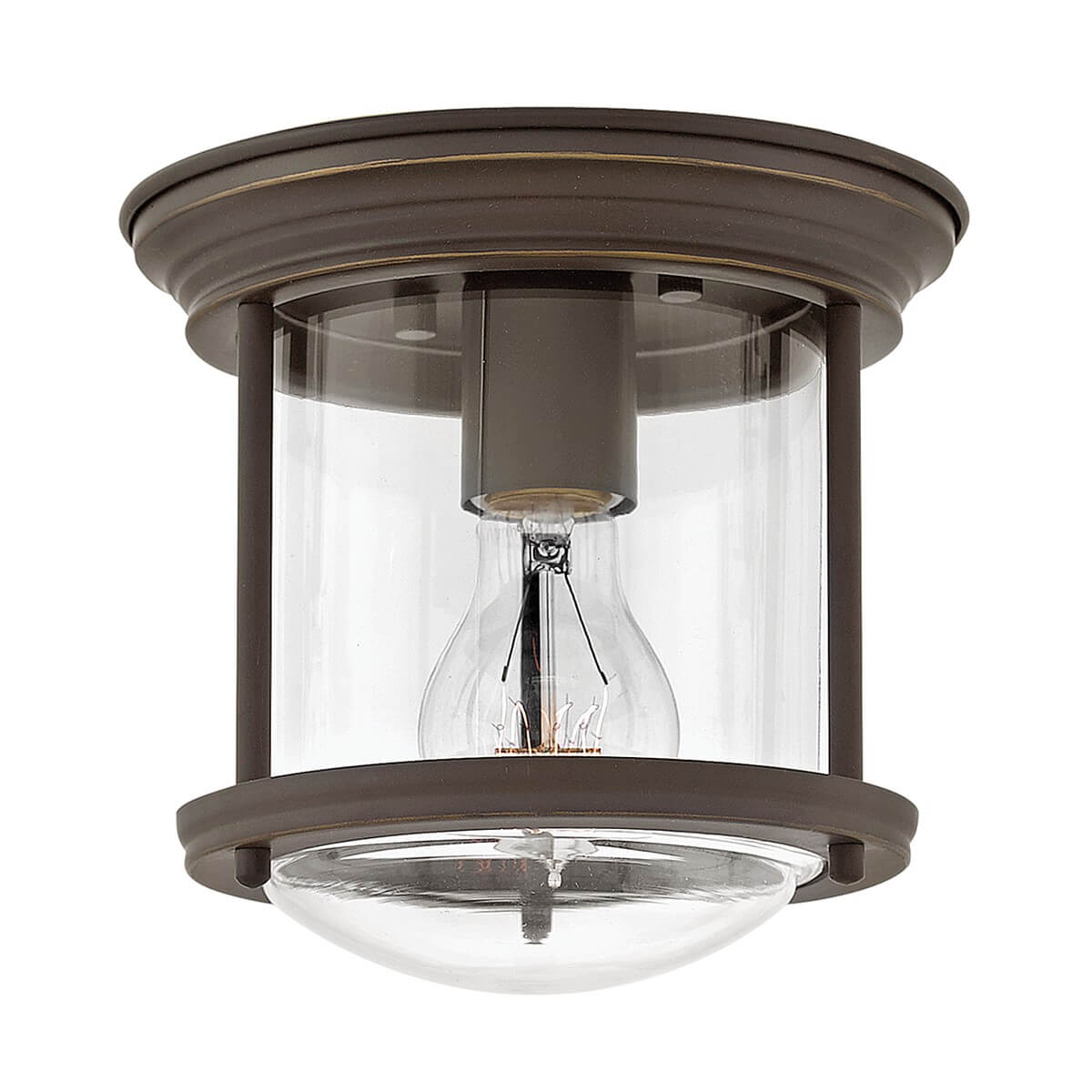 Plafonnier cylindrique en verre transparent et métal bronze, vu de face sur fond blanc
