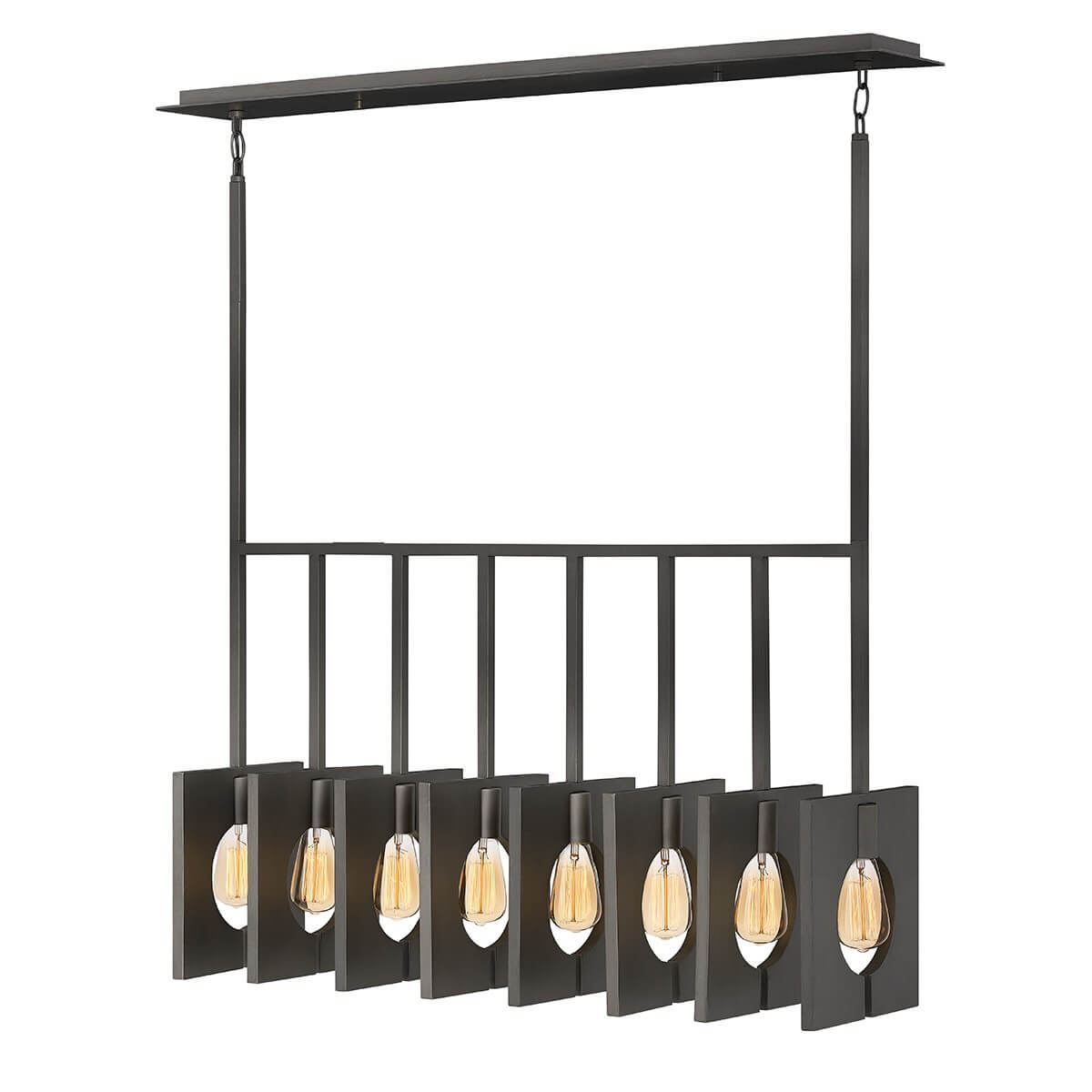 Suspension linéaire anthracite à huit lumières, cadres carrés et ampoules Edison apparentes sur fond blanc.