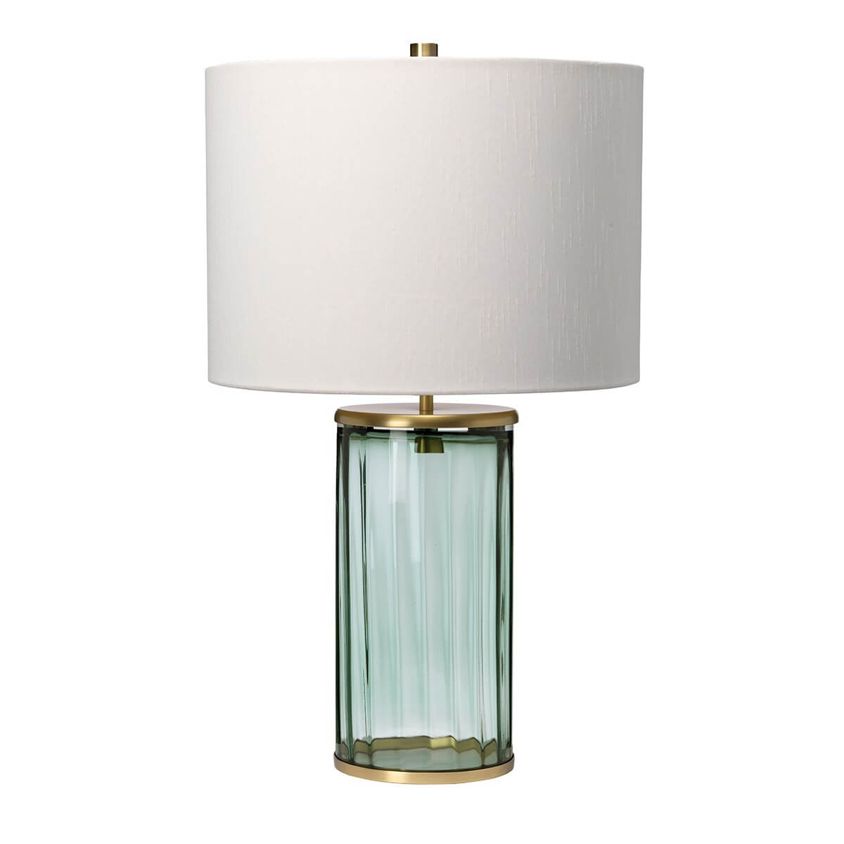 Lampe à poser vue de face avec abat-jour blanc et pied en verre vert