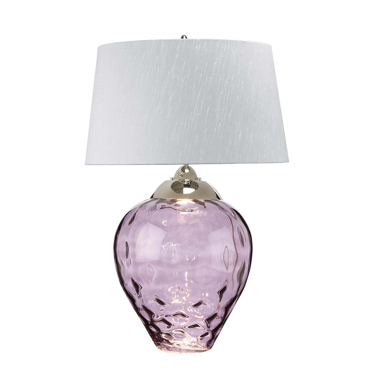 Lampe à poser de face, base en verre violet et abat-jour blanc
