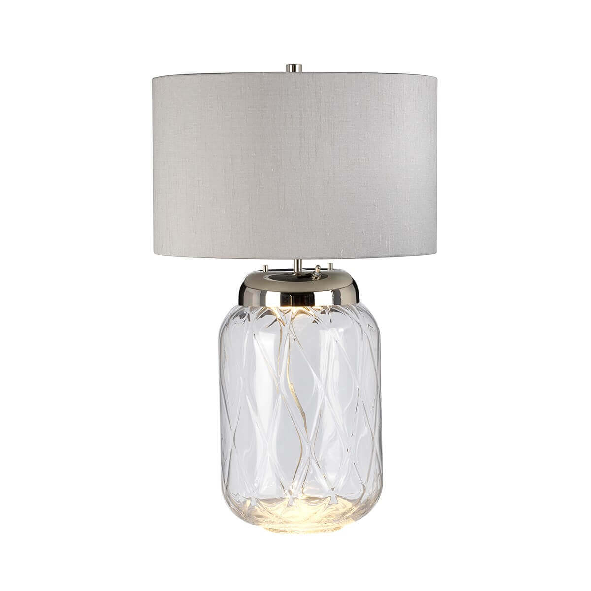 Vue de face de la lampe à poser avec abat-jour rond et base en verre