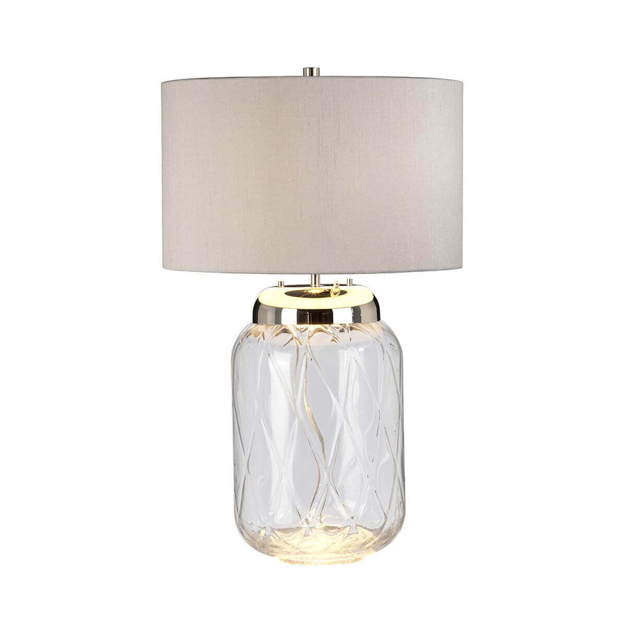 Lampe allumée vue de face, halo doré visible sous le globe en verre