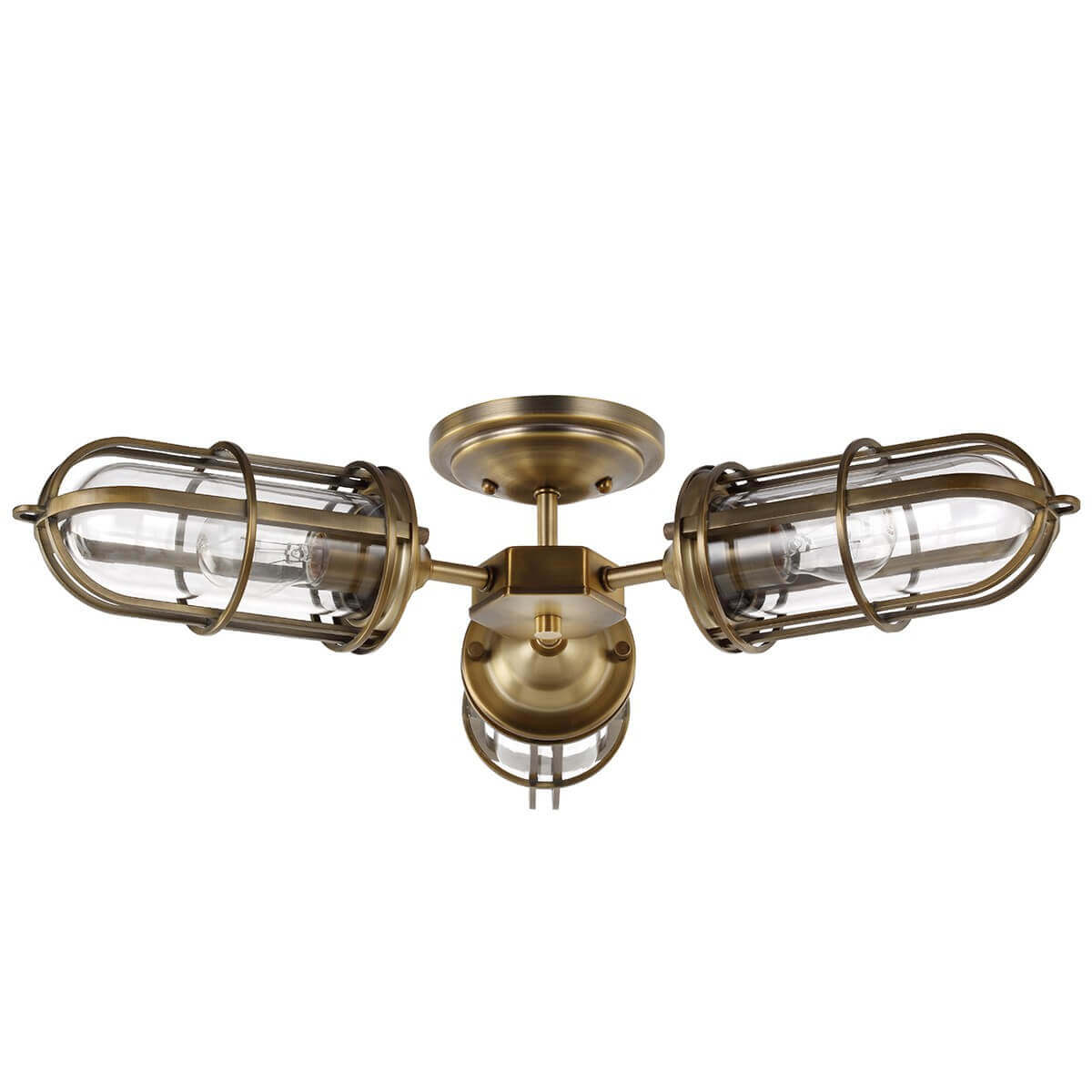 Autre présentation du luminaire à trois cages cylindriques et bras métalliques dorés