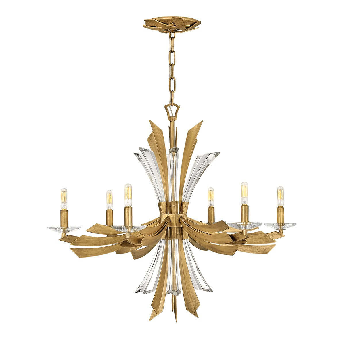 Lustre doré à six lumières avec cristaux, suspendu par chaîne, vue de face
