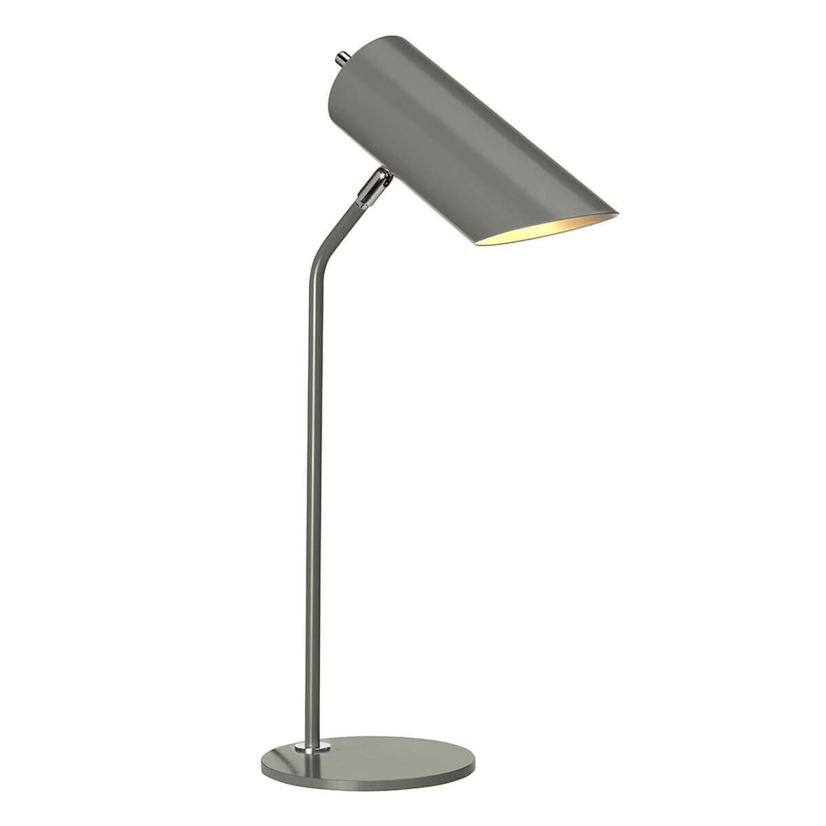 Lampe à poser grise avec abat-jour cylindrique incliné et pied fin