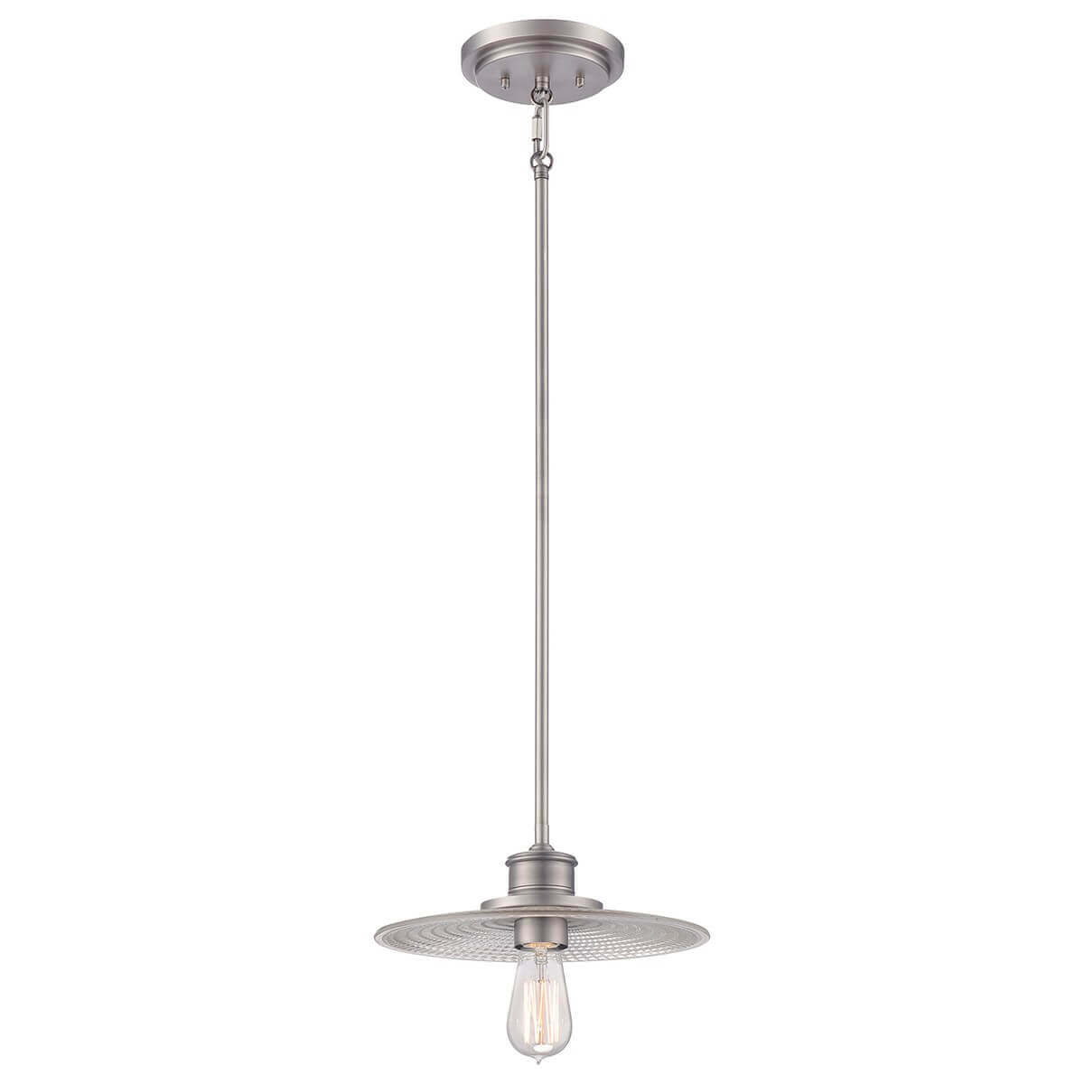 Suspension nickel vue de face, tige fine et diffuseur plat en verre strié