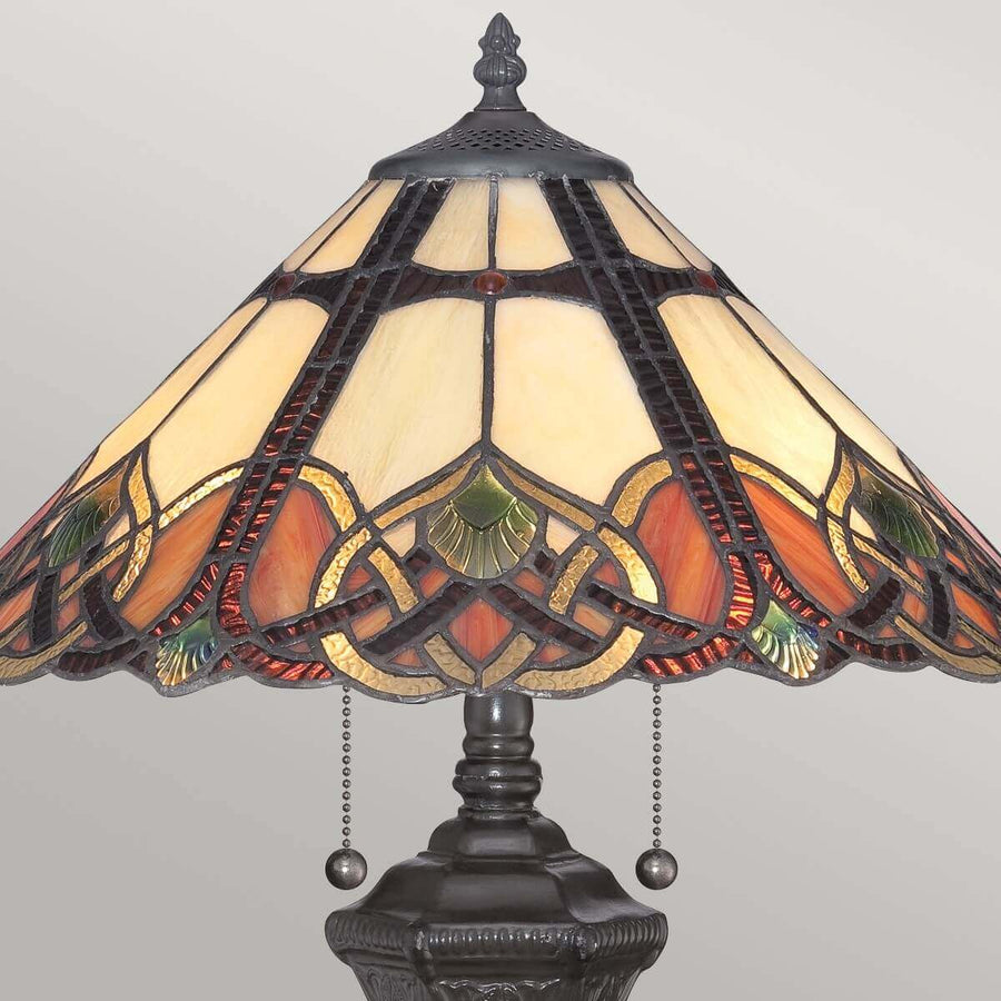 Gros plan sur l’abat-jour en verre, motifs géométriques et cabochons rouges.