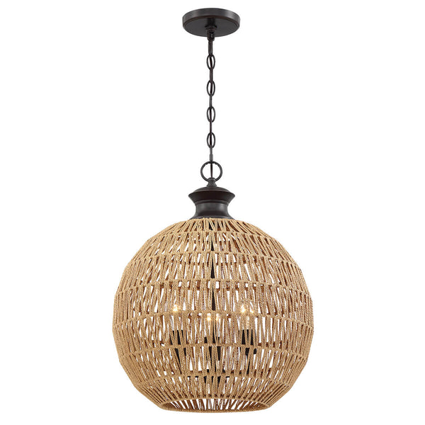 Suspension Casablanca 3 lumières bronze et bois, corde