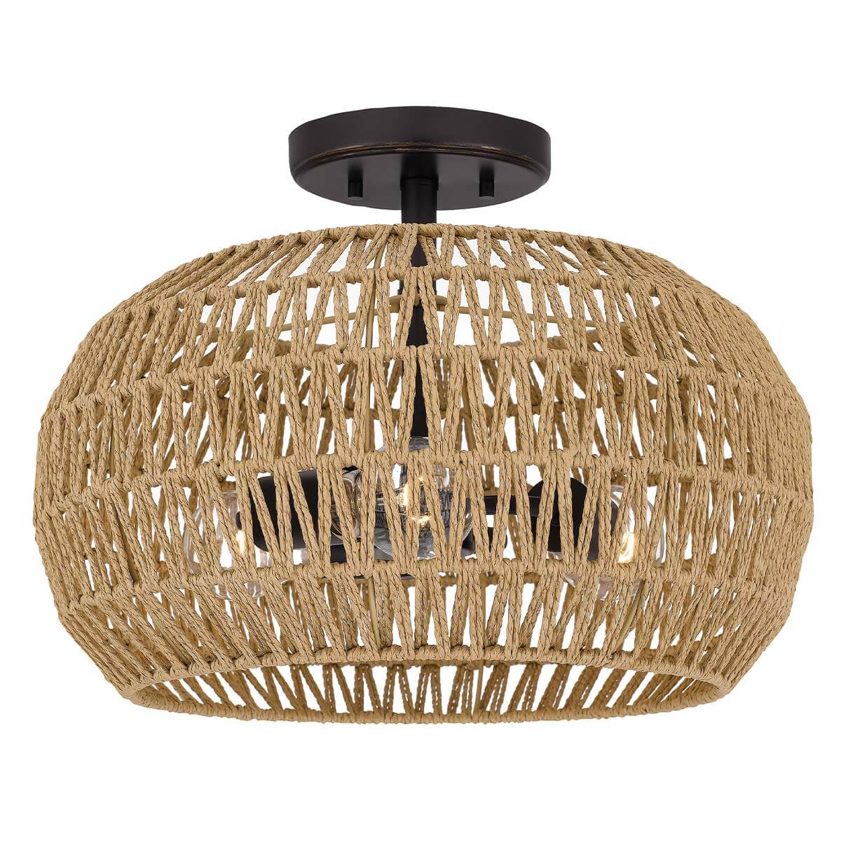 Plafonnier trois lumières vu de face, abat-jour ovale en corde tressée beige