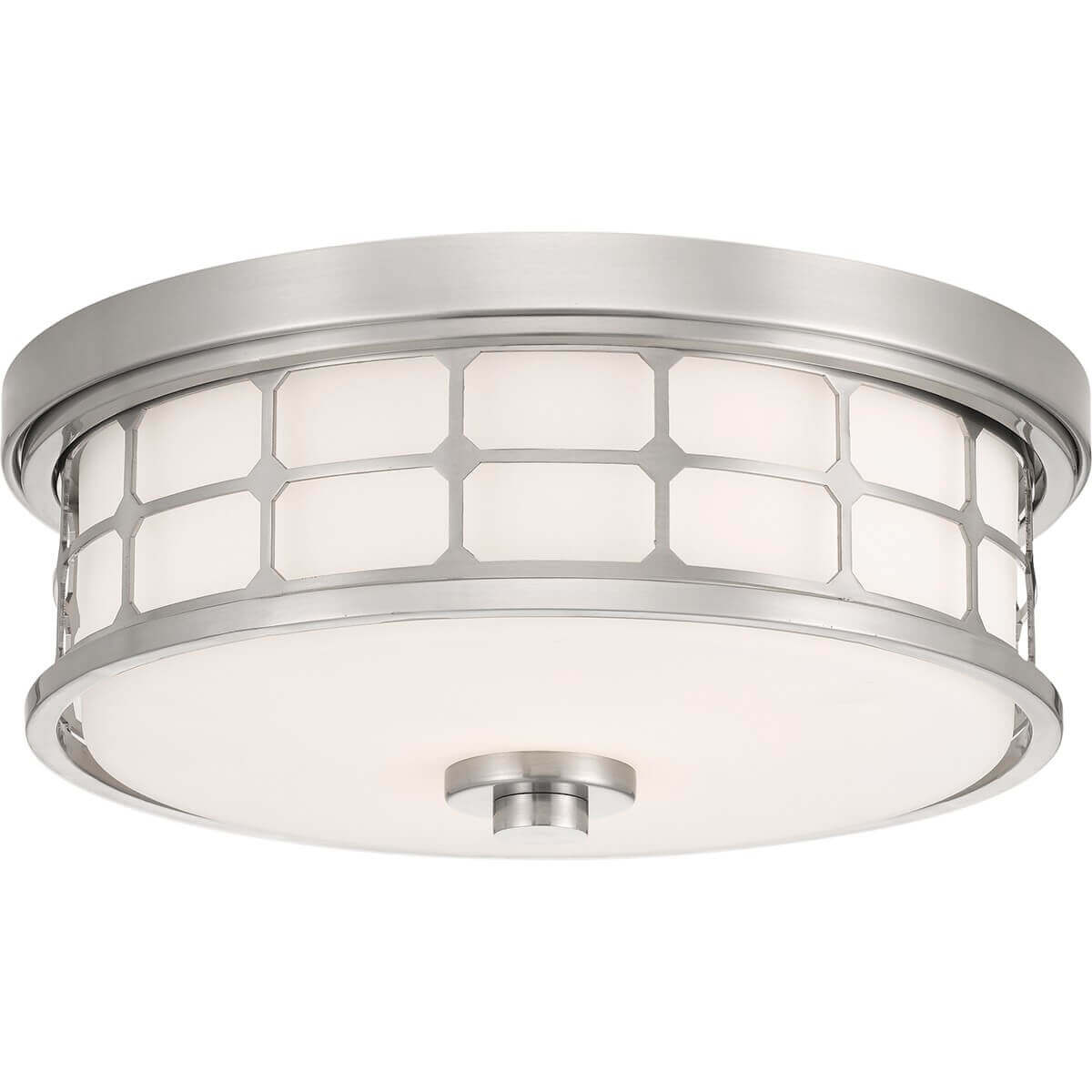 Vue de face du plafonnier rond en nickel satiné avec diffuseur en verre.