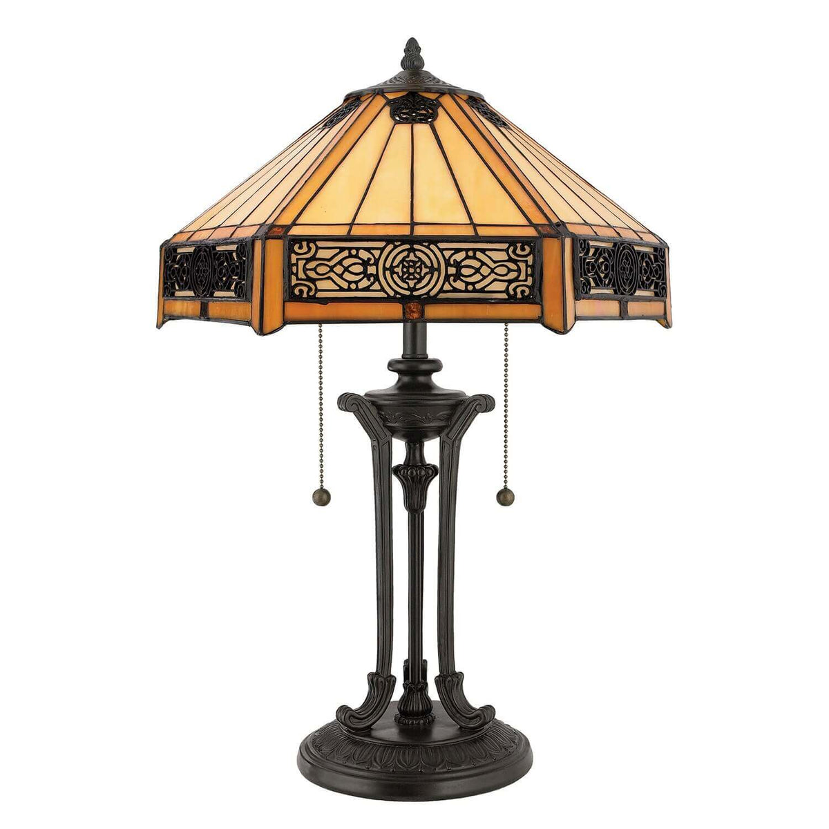 Lampe de table complète vue de face, abat-jour en verre ambré et pied en bronze