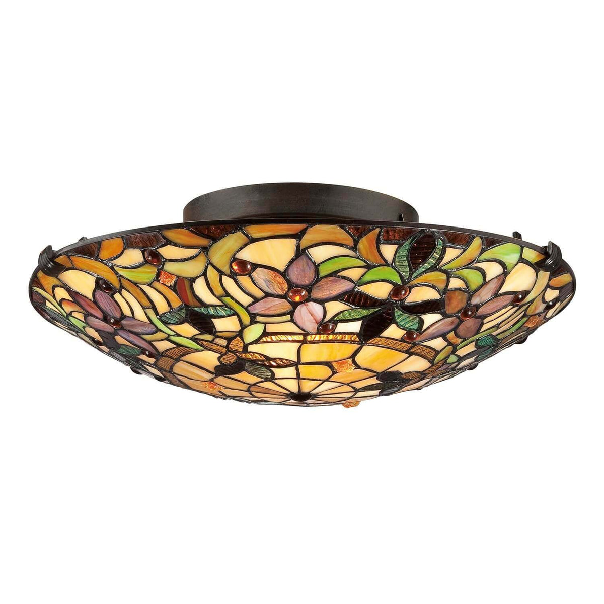 Vue de face du plafonnier rond en verre Tiffany à motif floral