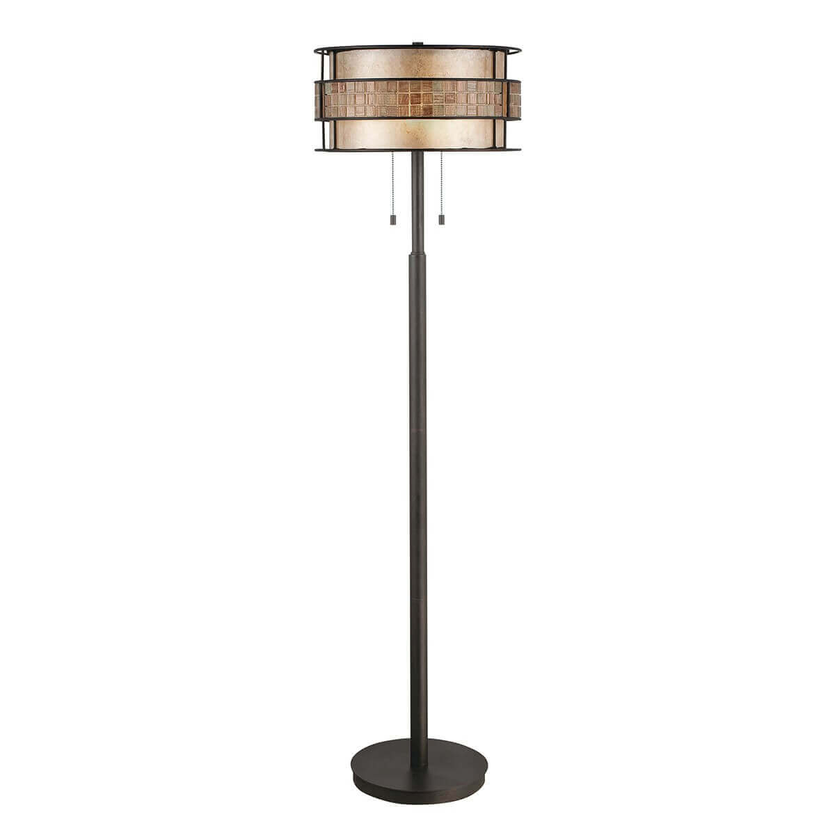 Lampadaire de face, pied métal foncé et abat-jour cylindrique à bandeau mosaïque cuivré