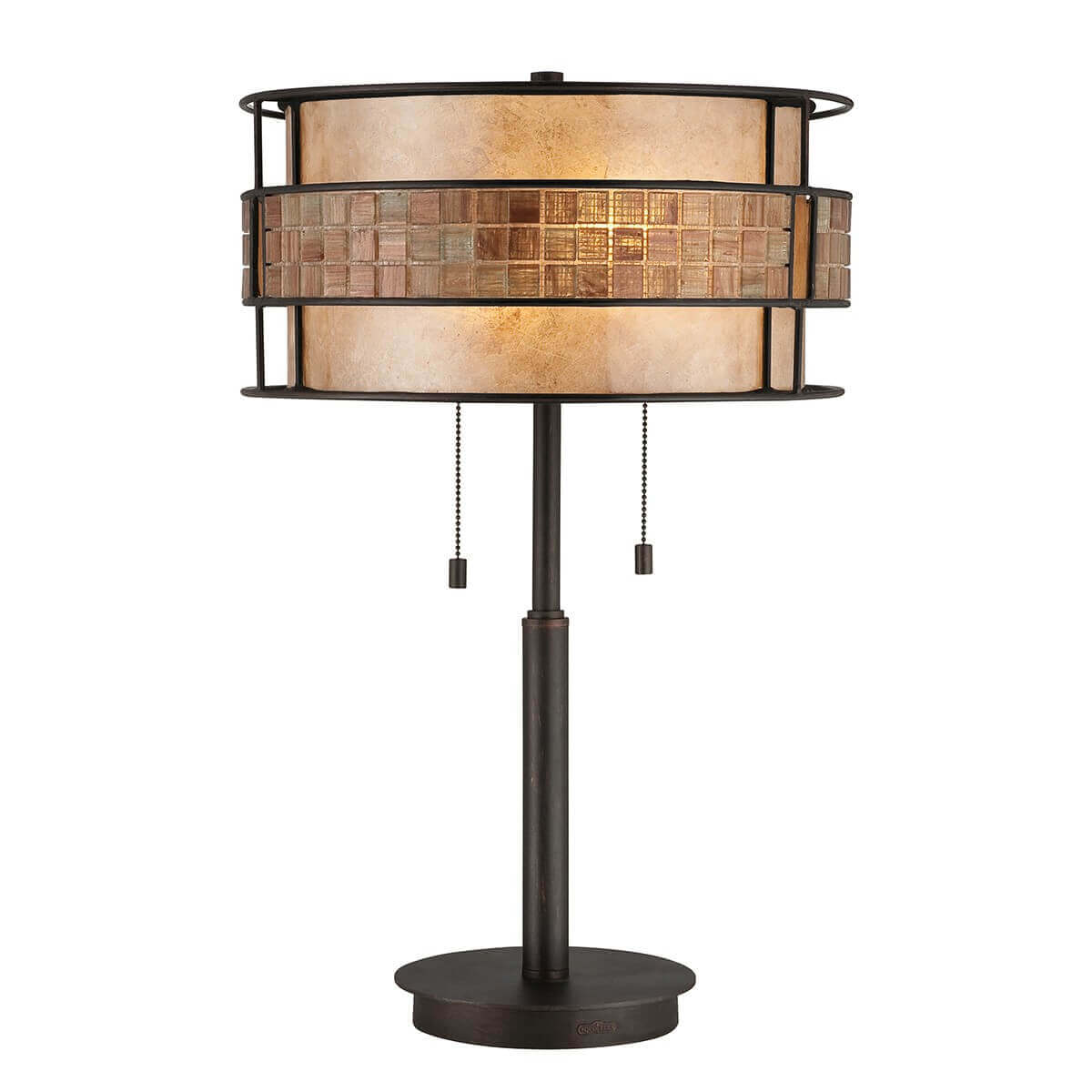 Lampe à poser de face, abat-jour cylindrique en verre ambré et métal foncé