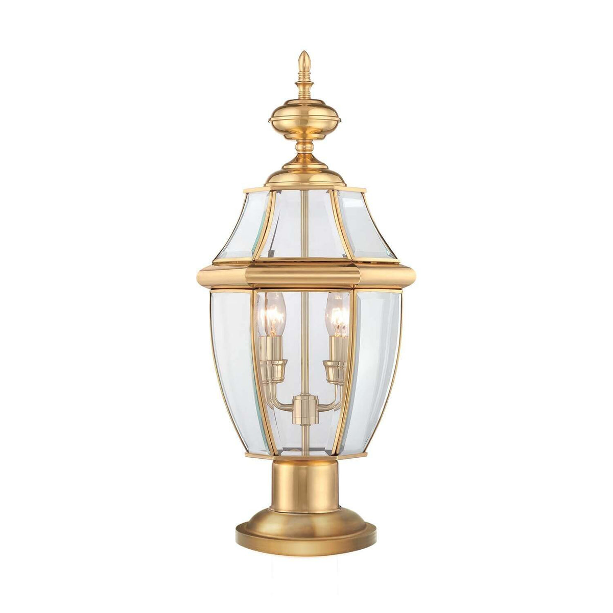 Lampadaire extérieur en laiton poli vu de face sur fond blanc, structure vitrée à deux ampoules