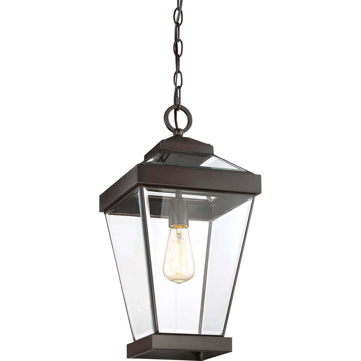 Vue rapprochée du corps transparent, monture bronze et ampoule Edison allumée