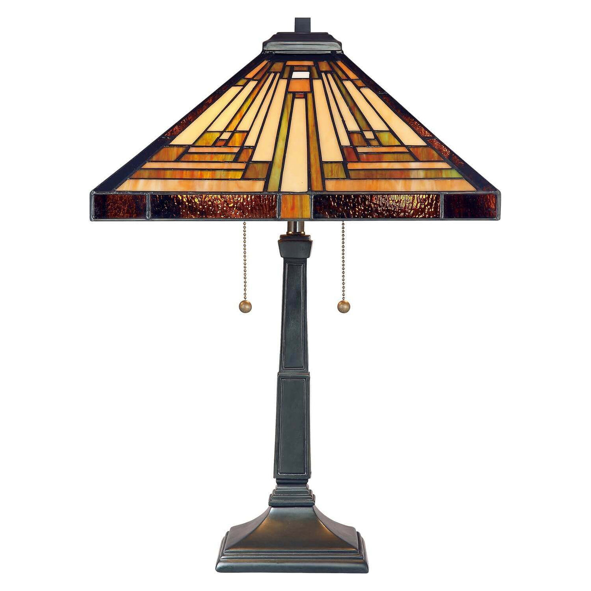 Lampe de table de face, abat-jour conique en verre Tiffany et pied bronze