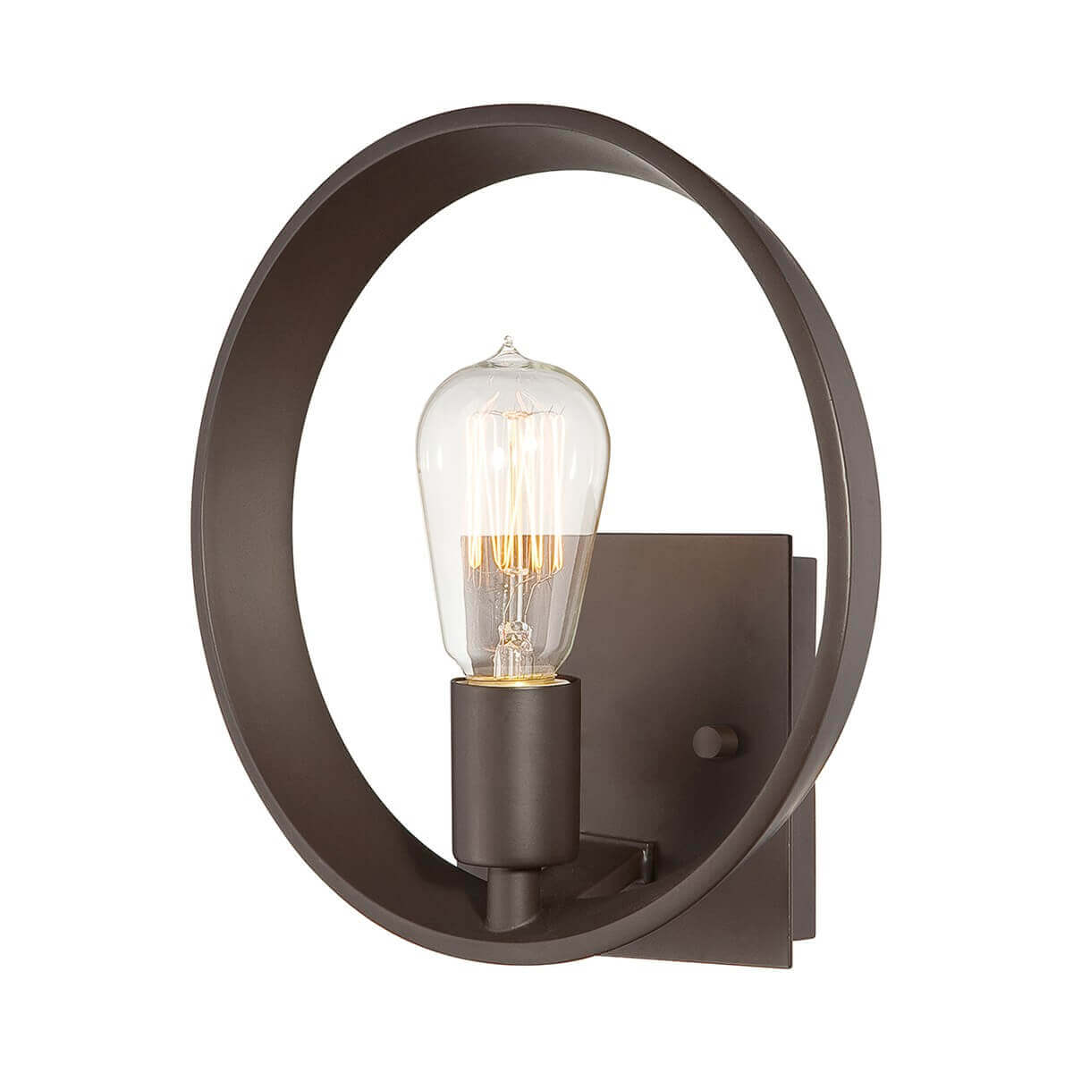 Applique murale de face, anneau bronze entourant une ampoule Edison allumée sur support carré
