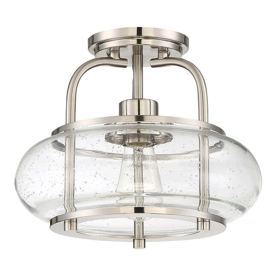 Plafonnier de face, ampoule allumée visible à travers le verre grêlé
