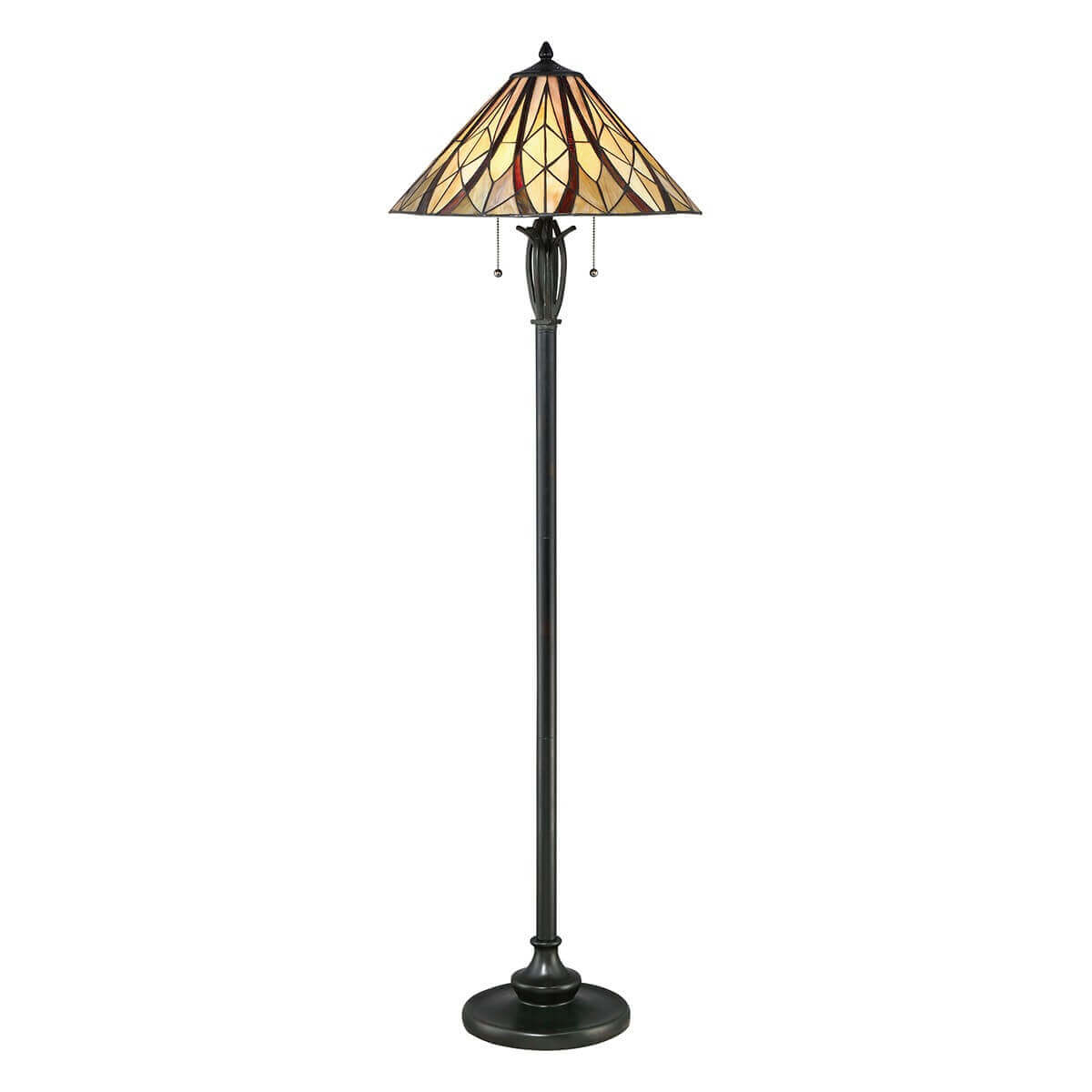 Lampadaire entier de face, abat-jour conique en verre Tiffany sur pied bronze