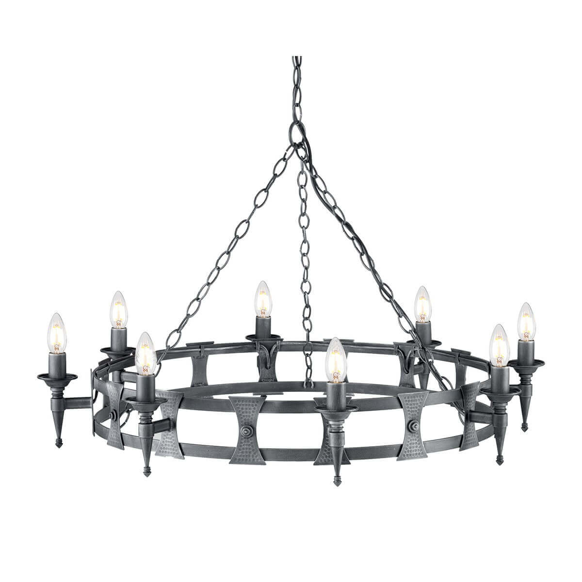 Lustre circulaire à huit bougies vu de face sur fond blanc