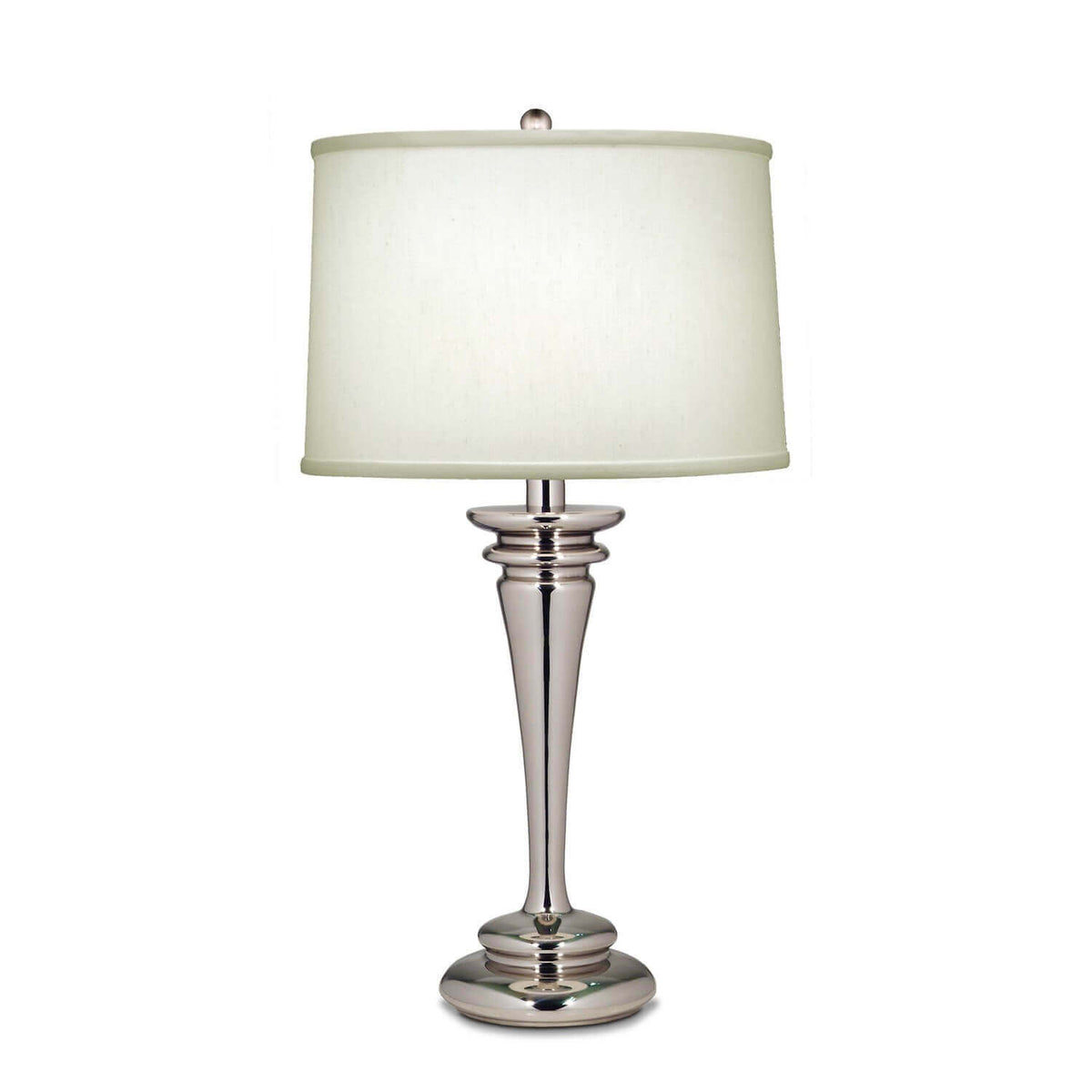 Lampe à poser en nickel poli avec abat-jour en lin blanc, vue de face.