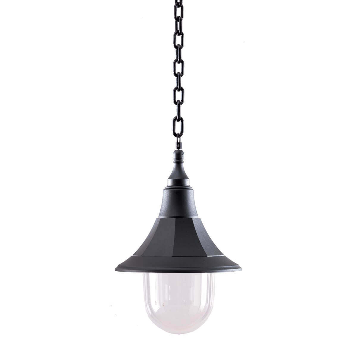 Suspension extérieure noire vue de face, chaîne et diffuseur en verre bombé