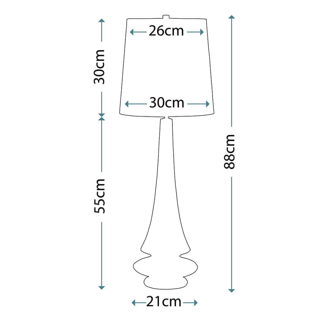 Schéma coté de la lampe avec dimensions en centimètres sur fond blanc