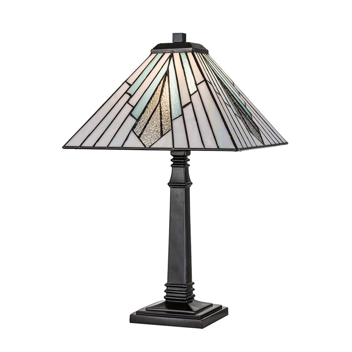 Lampe à poser complète, abat-jour conique en verre tiffany et pied bronze