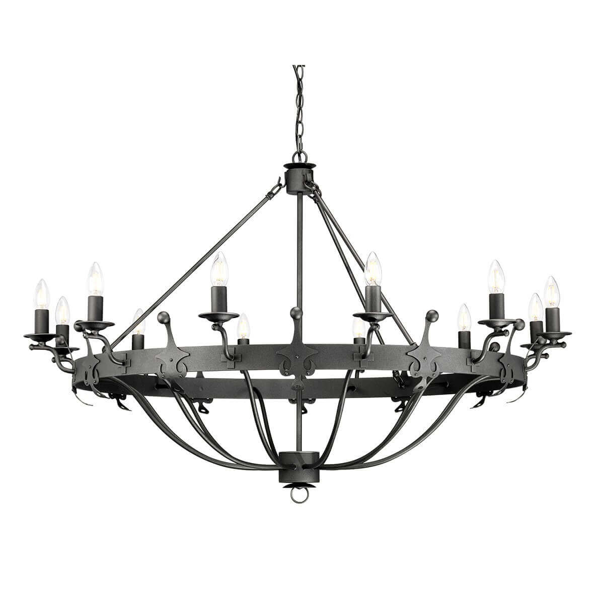 Vue d'ensemble du lustre douze lumières anthracite suspendu, cercle métallique et bras courbés