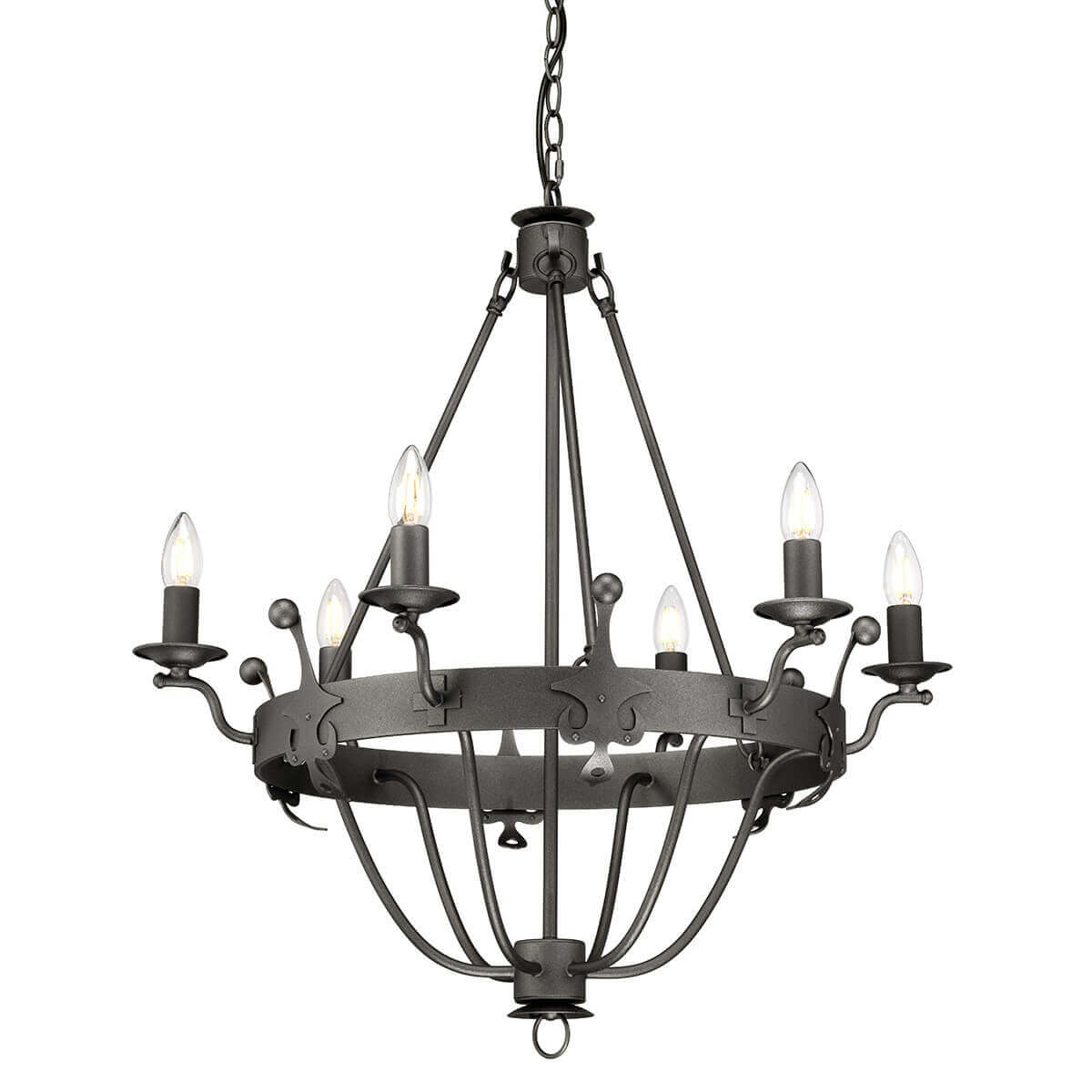 Lustre suspendu à six lumières, vue de face sur fond blanc