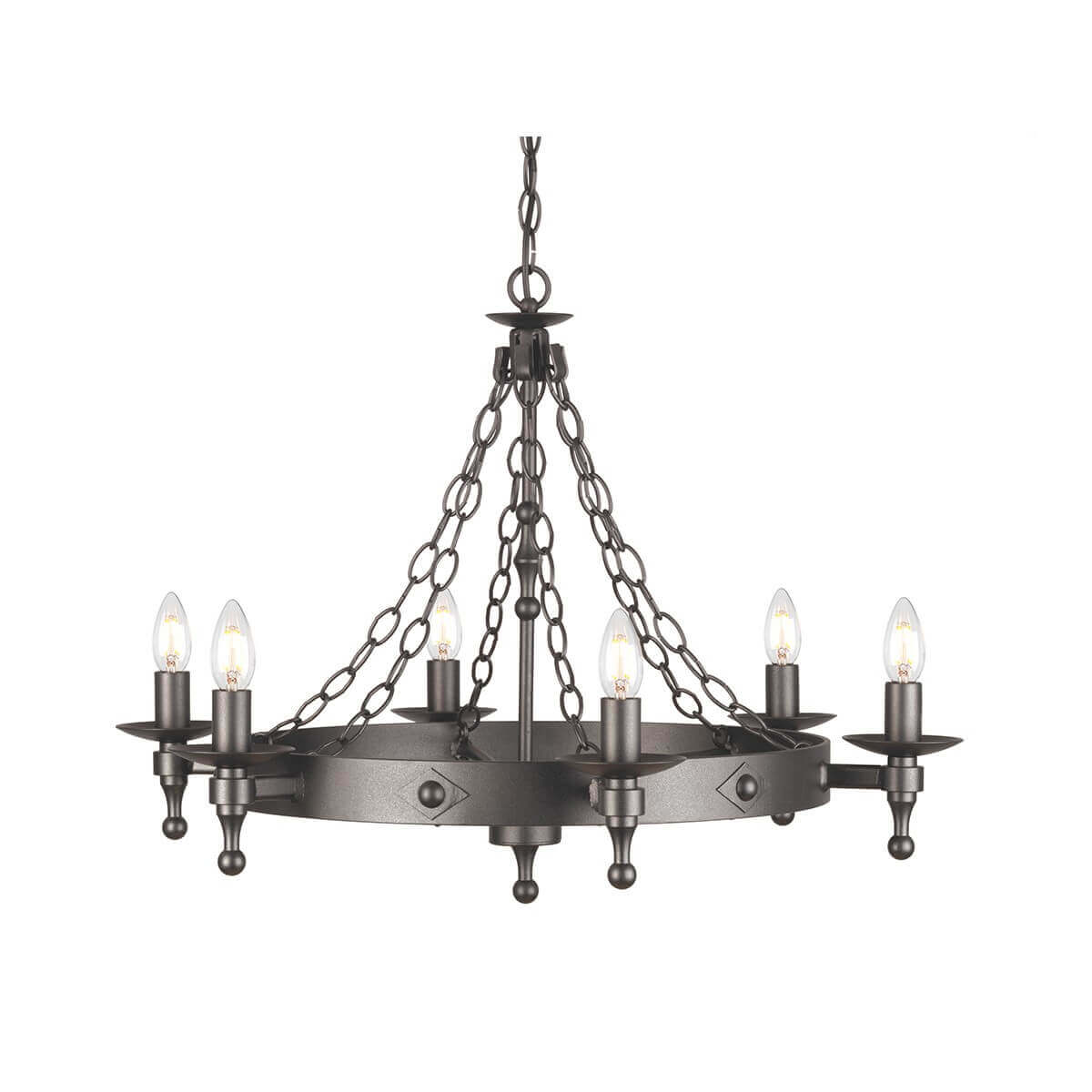 Lustre suspendu six lumières en métal anthracite, vue de face sur fond blanc.