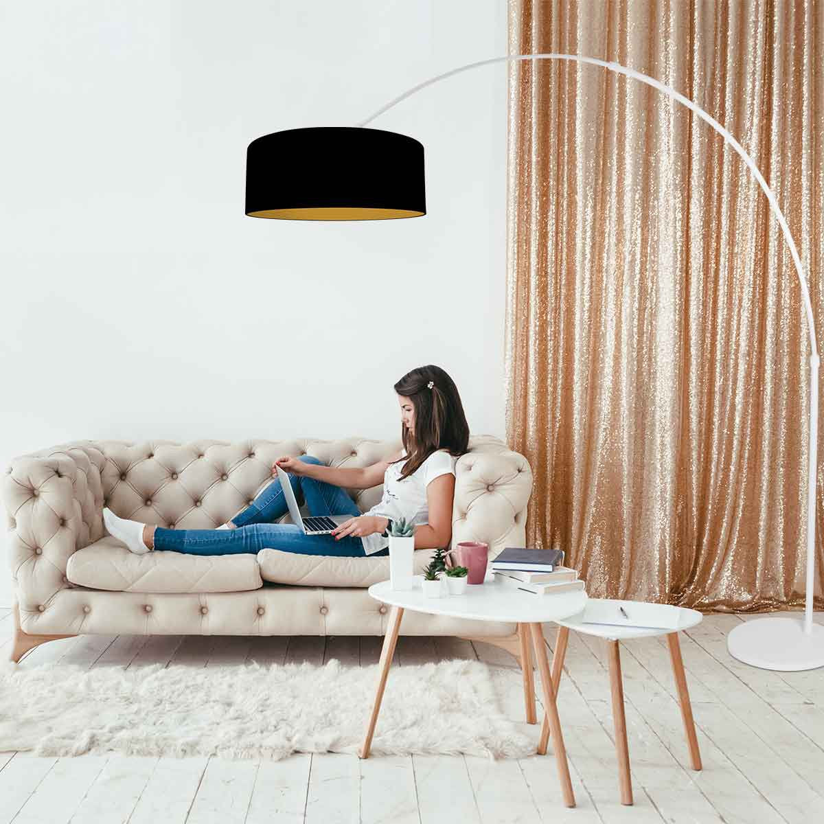 Lampadaire blanc / lampe en arc Sparkled Light 3964W avec abat-jour en lin noir