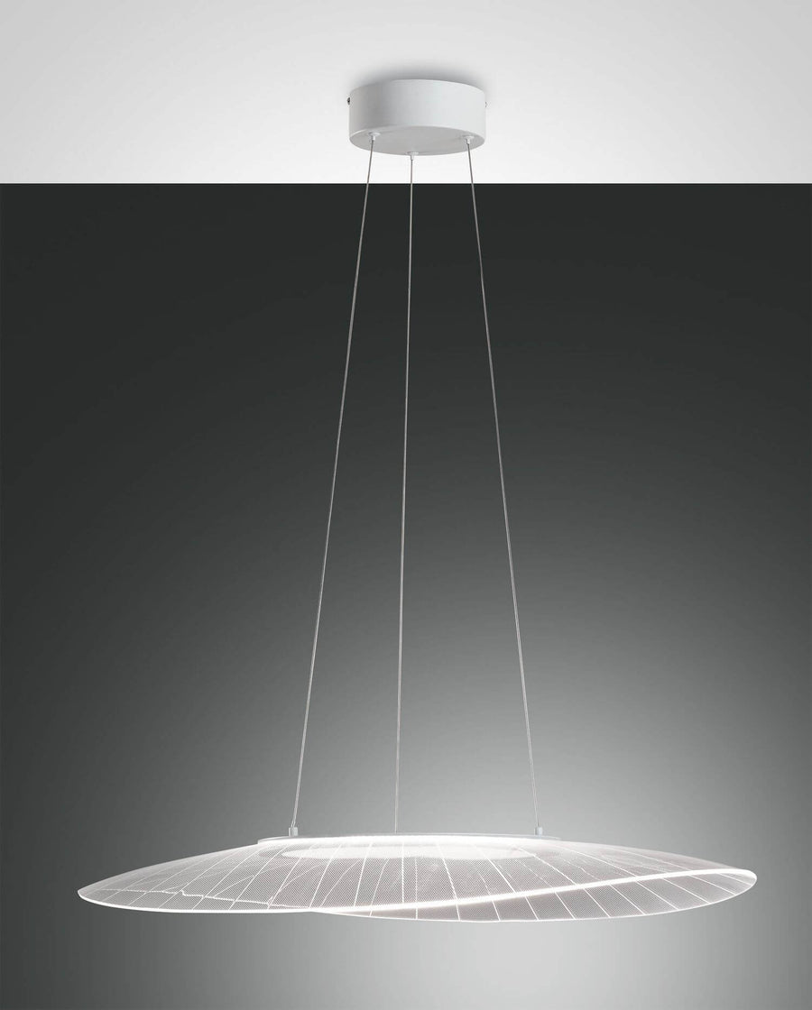 Suspension blanche vue de face, disque plat en maille et câbles fins