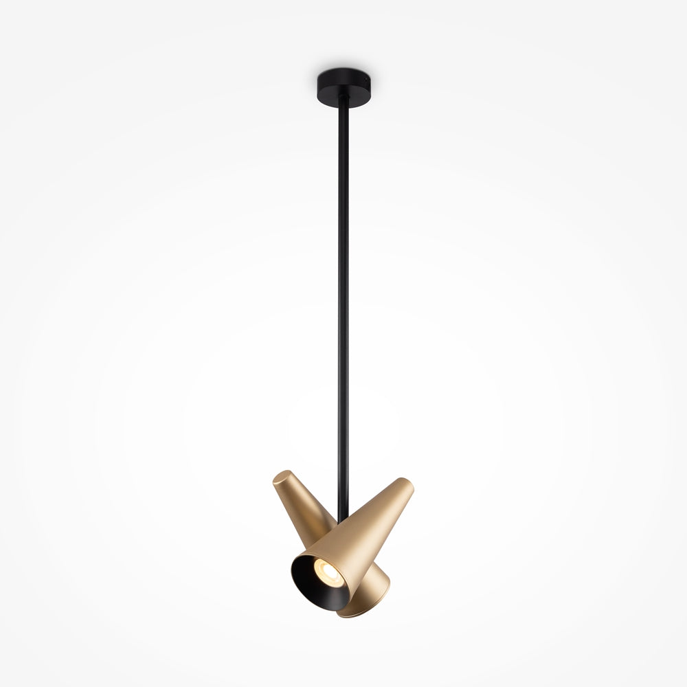 Suspension dorée à cône unique orientable, tige et rosace noires vues de face