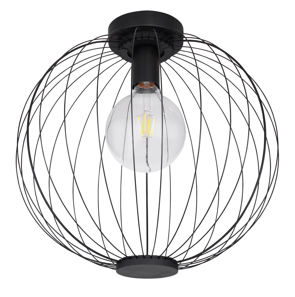 Vue de face du luminaire, cage sphérique noire et ampoule globe éteinte