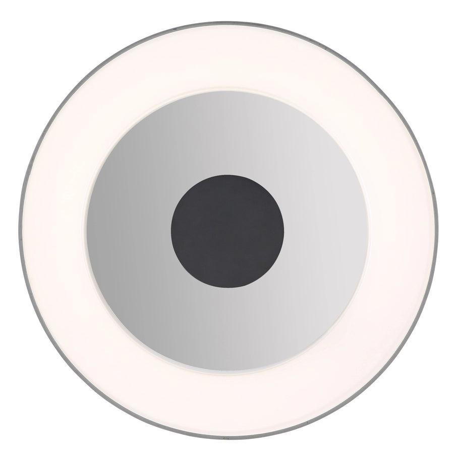 Vue de dessous du luminaire, cercles concentriques gris et disque central noir