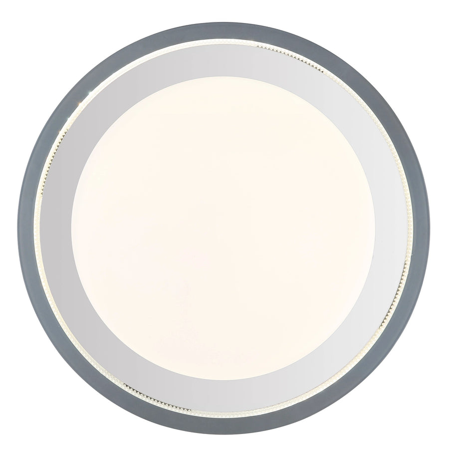 Vue de dessous du luminaire éteint, grand disque blanc cerclé de gris