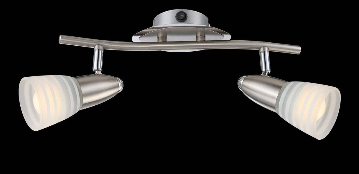 Vue de trois quarts sur fond noir du luminaire et de ses deux têtes orientables.
