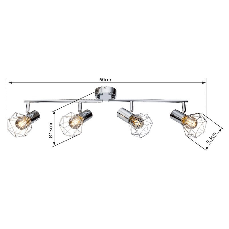 Schéma de dimensions du spot chromé : largeur 60 cm, hauteur 15 cm, diamètre 9,5 cm.