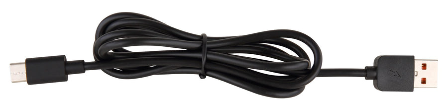 Câble USB noir enroulé avec connecteur, accessoire de recharge de la lampe.