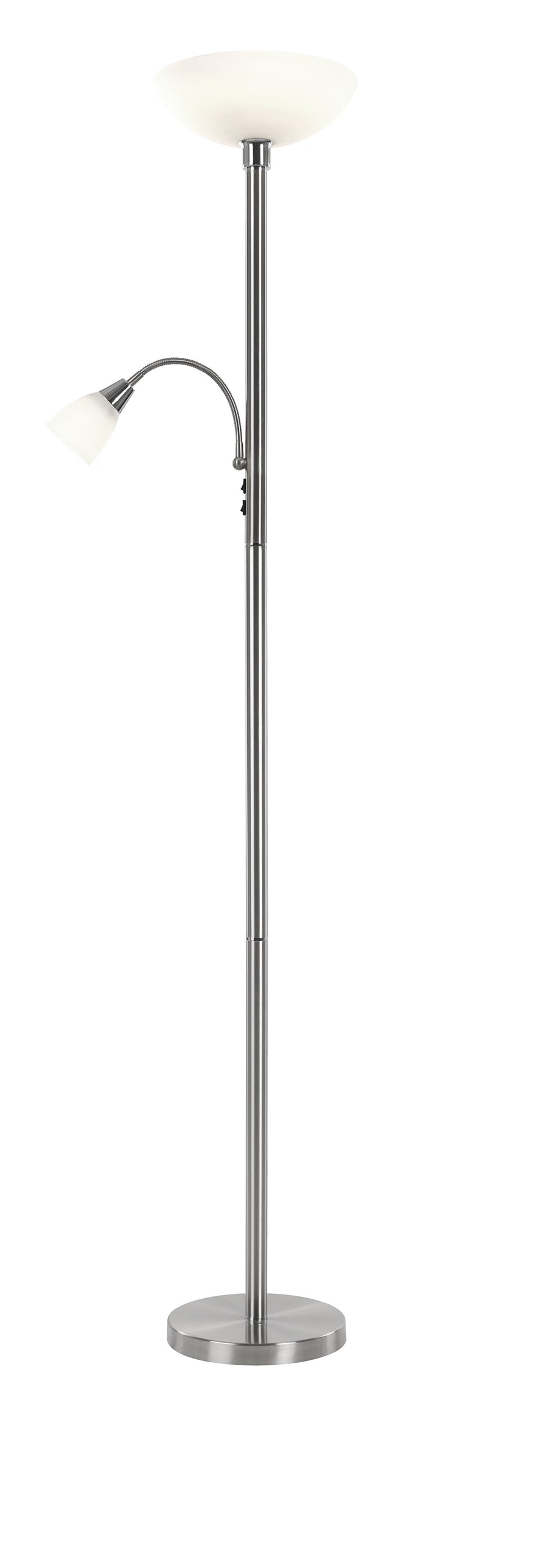 Vue détaillée du pied rond et du bras liseuse recourbé orientable du luminaire