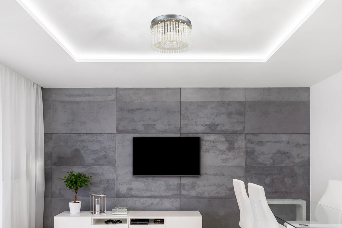 Plafonnier installé au plafond lumineux d'un salon contemporain avec mur gris.