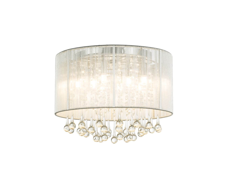 produit de face sur fond blanc, plafonnier à abat-jour cylindrique et gouttes de cristal
