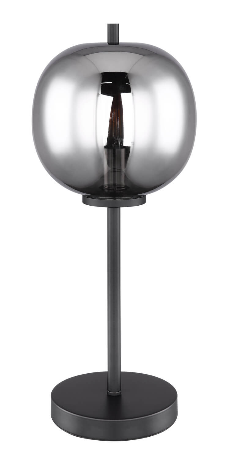 Vue d'ensemble de la lampe à poser noire, verre fumé réfléchissant fond blanc.