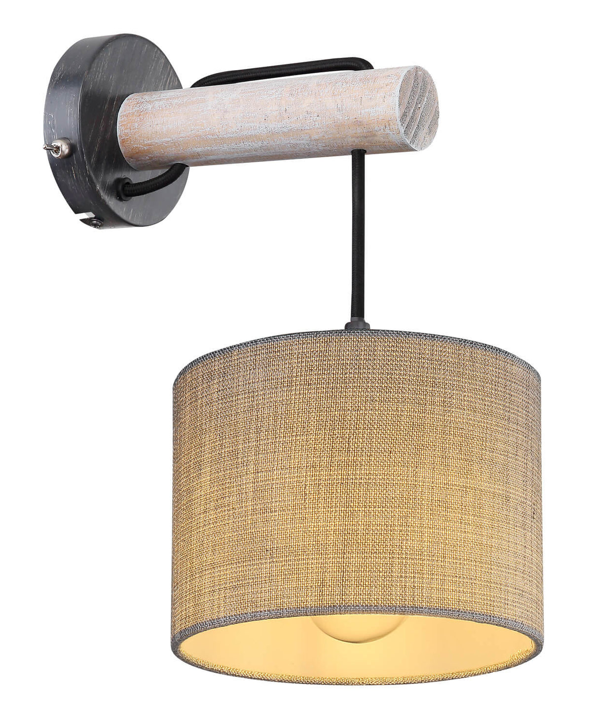Applique murale noire mat avec bras en bois clair et abat-jour cylindrique beige.